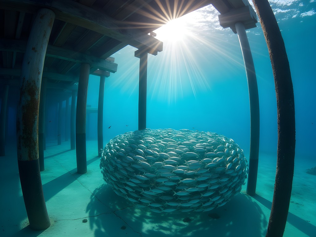 Wooden jetty with schooling fish underneath in Raja Ampat