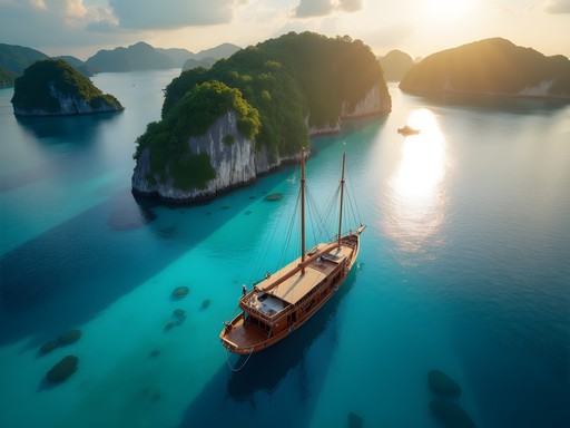 Luxury liveaboard boat anchored in Raja Ampat's blue lagoon
