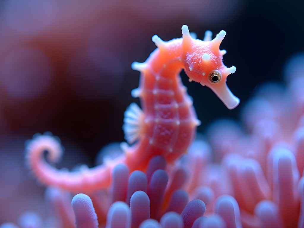 Tiny pink pygmy seahorse camouflaged on seafan in Raja Ampat
