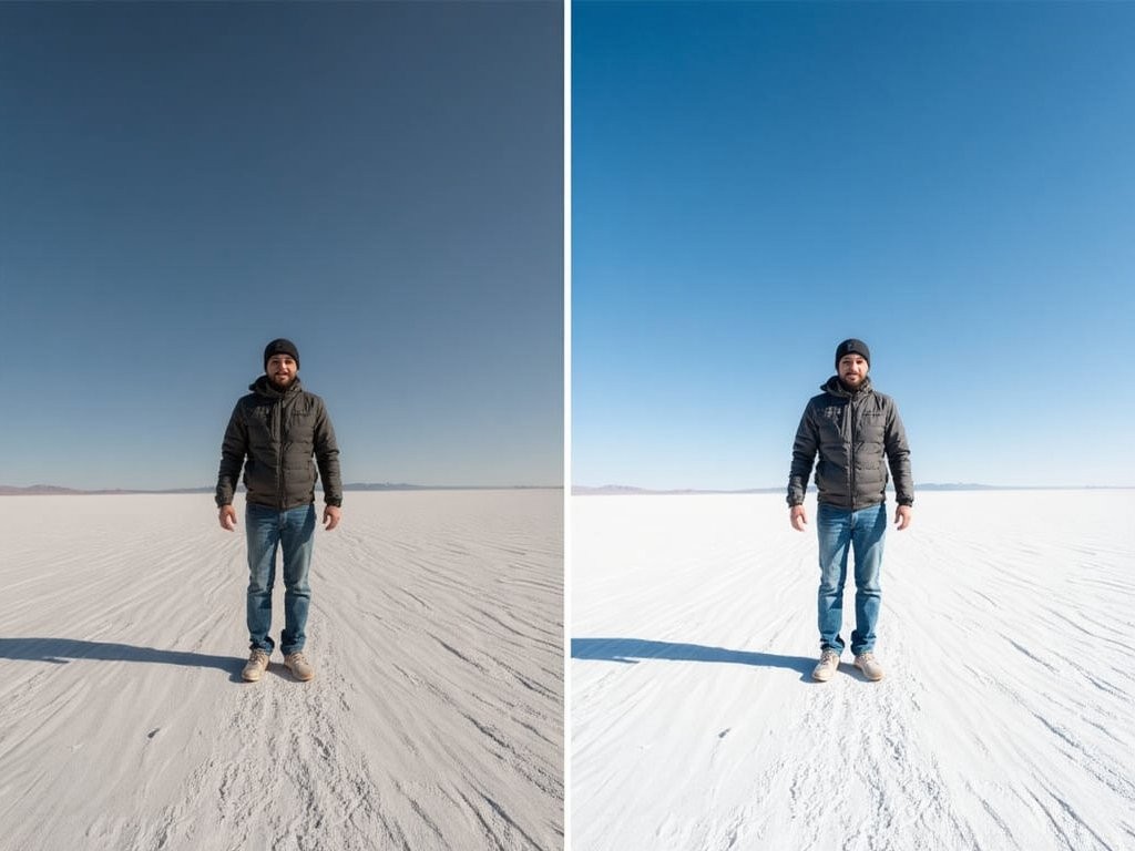 Before and after photo editing comparison for salt flat perspective photography