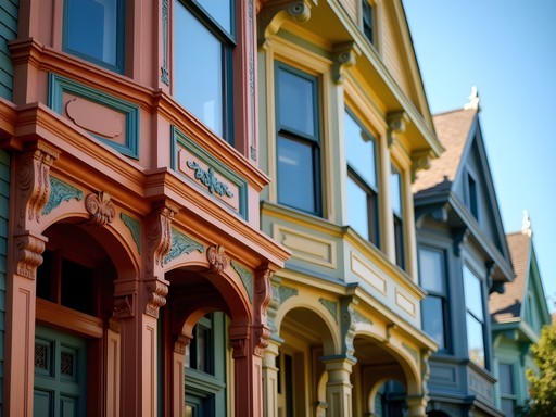 Detailed architectural elements of San Francisco's Painted Ladies Victorian houses