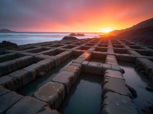 Sunset at Sutro Baths with golden light reflecting in tide pools
