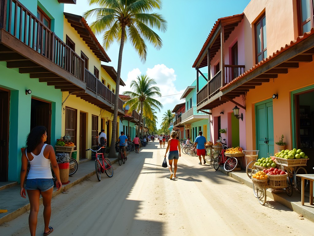 Vibrant street scene in San Pedro with colorful buildings, local vendors and daily life