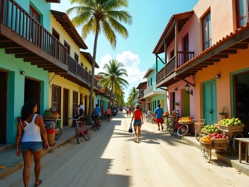 Vibrant street scene in San Pedro with colorful buildings, local vendors and daily life