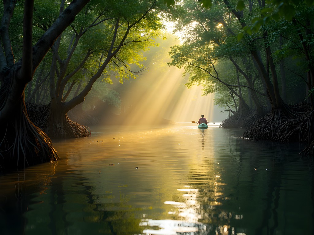 Sunlight filtering through mangrove forest creating patterns on still water in hidden channel near San Pedro