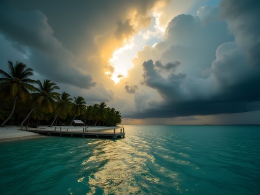 Dramatic storm clouds approaching over turquoise waters of San Pedro with golden sunlight breaking through