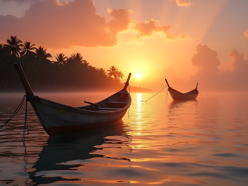 Silhouettes of traditional fishing boats against vibrant orange sunrise in San Pedro, Belize