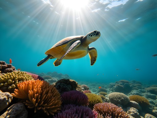 Sea turtle swimming over vibrant coral reef in crystal clear waters near San Pedro, Belize