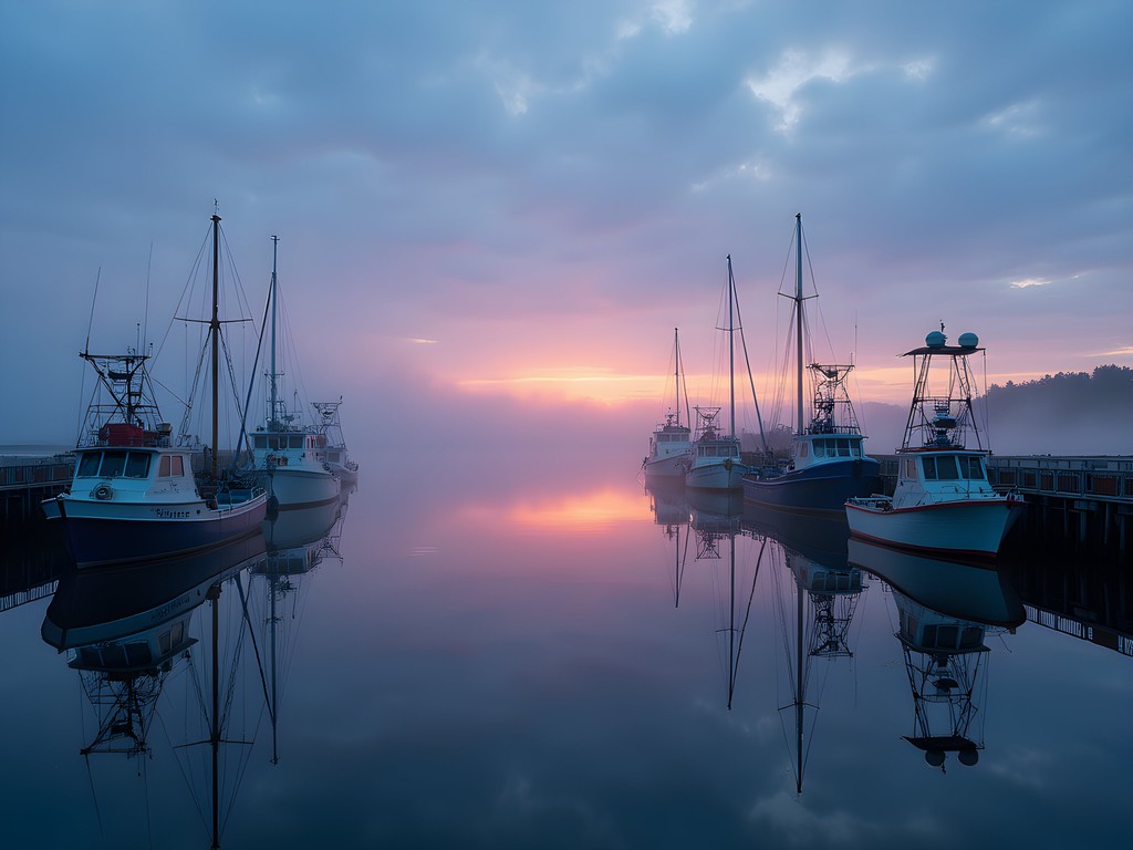 Fishing boats silhouetted against colorful dawn sky at Cape Porpoise Harbor, Maine