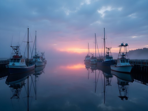 Fishing boats silhouetted against colorful dawn sky at Cape Porpoise Harbor, Maine