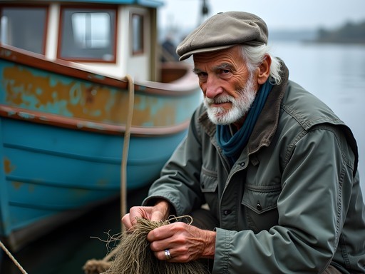 Environmental portrait of elderly Maine fisherman mending nets beside weathered boat