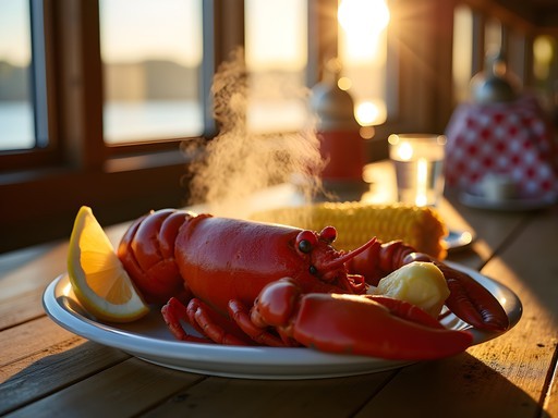 Fresh Maine lobster dinner on wooden table with golden hour light streaming through restaurant window