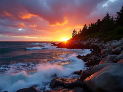Dramatic sunset over rocky coastline of Marginal Way in Ogunquit, Maine with crashing waves