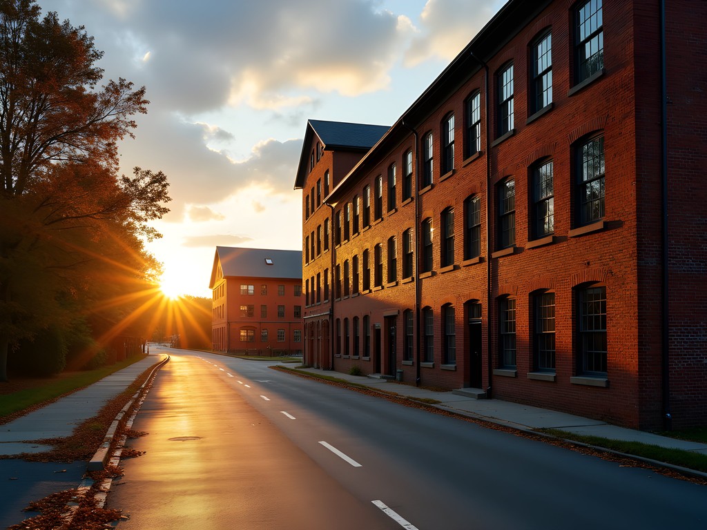 Historic brick mill buildings in Sanford, Maine with dramatic sunset lighting