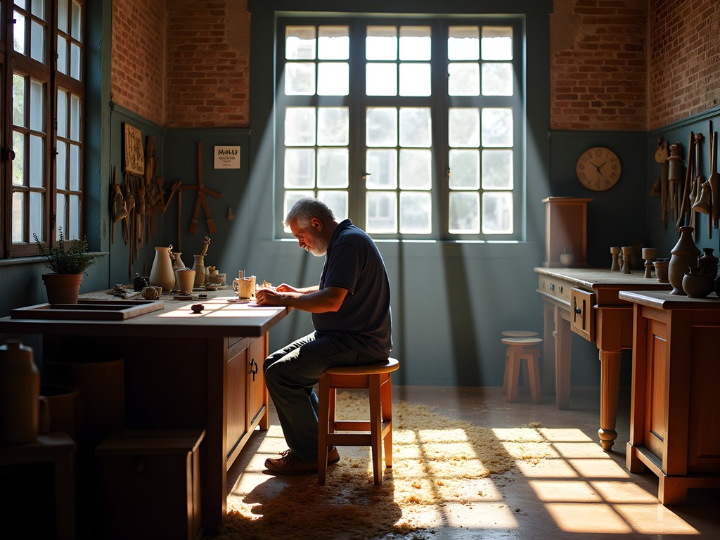 Traditional furniture restoration workshop in Barrio Italia with craftsman working in natural light through industrial windows