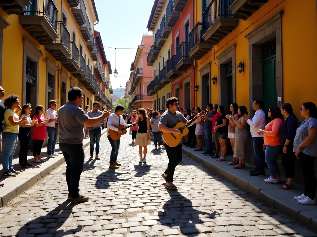 Street performers on cobblestone streets of Barrio Lastarria with historic colorful buildings and audience engagement