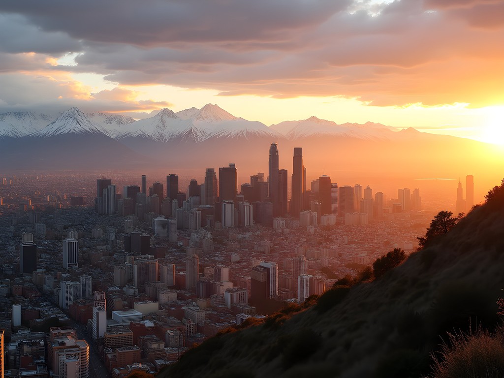 Panoramic sunset view of Santiago from Cerro San Cristóbal with Andes mountains in background