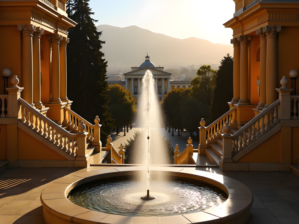 Neptune Fountain at Cerro Santa Lucía with ornate yellowstone architecture in golden hour light and Santiago skyline beyond