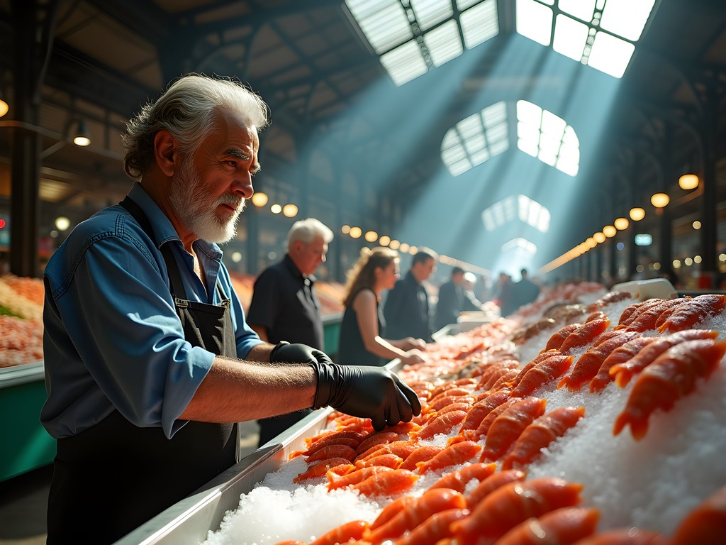 Chilean seafood vendor displaying fresh catch at Mercado Central with dramatic light streaming through iron framework