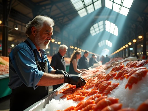 Chilean seafood vendor displaying fresh catch at Mercado Central with dramatic light streaming through iron framework