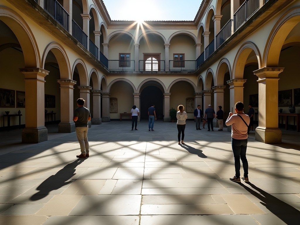 Geometric light patterns in colonial courtyard of Museo Precolombino with arched corridors and pre-Columbian artifacts