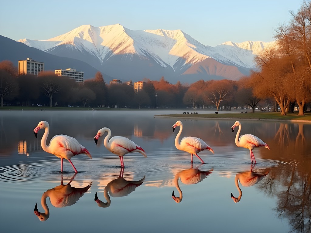 Chilean flamingos in Parque Bicentenario lagoon with perfect reflection of Andes mountains at sunrise