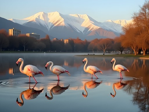 Chilean flamingos in Parque Bicentenario lagoon with perfect reflection of Andes mountains at sunrise