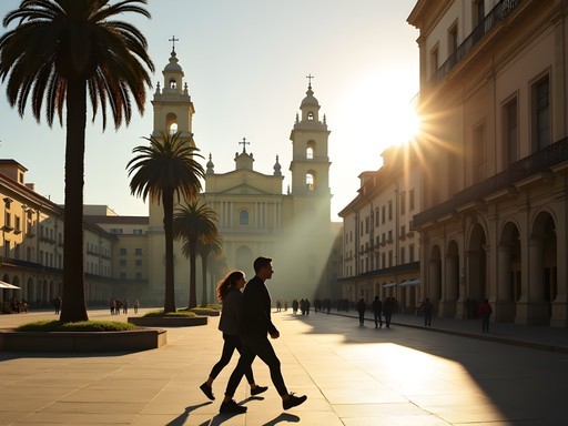 Metropolitan Cathedral in Plaza de Armas bathed in golden morning light with local Chileans crossing the historic square