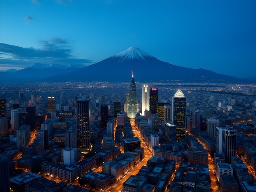Blue hour cityscape of Santiago from Sky Costanera observation deck with illuminated skyscrapers and Andes mountains