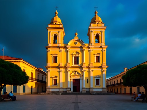 Cathedral of Santiago de Cuba bathed in golden hour light with colonial buildings