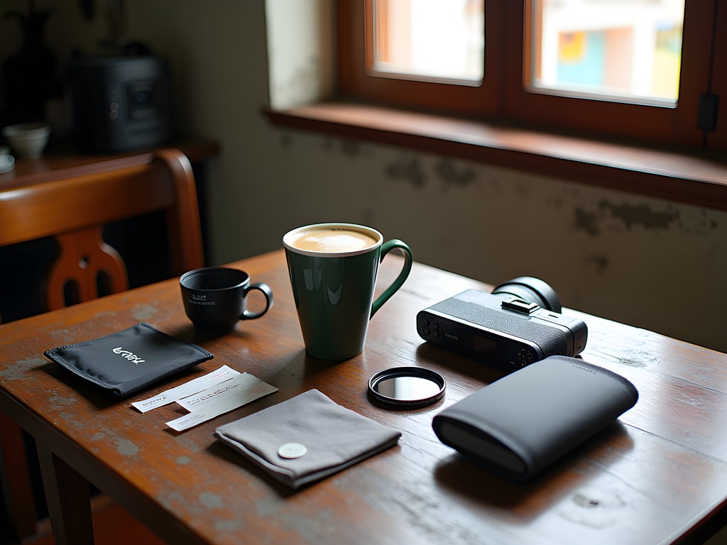 Photography gear essentials for Santiago de Cuba laid out on colonial-style table