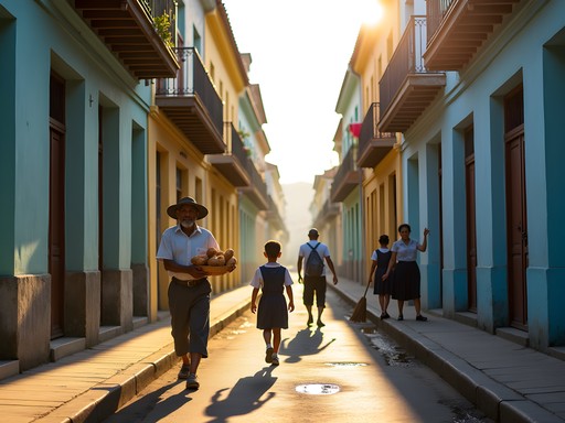 Morning street scene in Tívoli neighborhood with locals and colonial architecture
