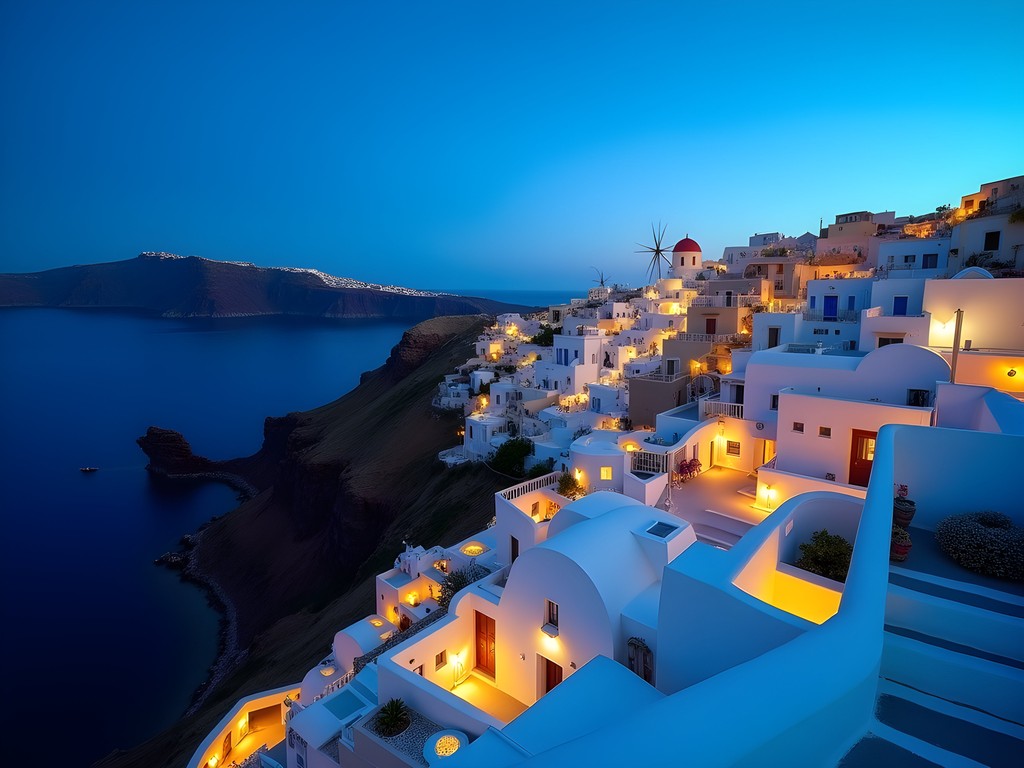 Santorini caldera view at blue hour with illuminated village lights