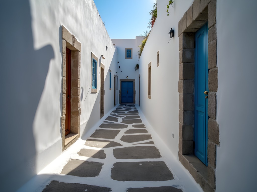 Light and shadow play in the medieval passages of Emporio village, Santorini
