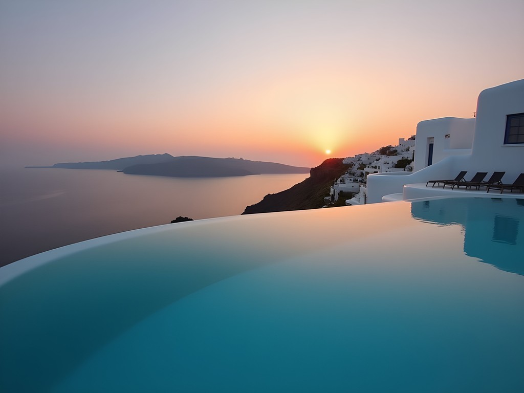 Sunset reflected in infinity pool with Santorini caldera view