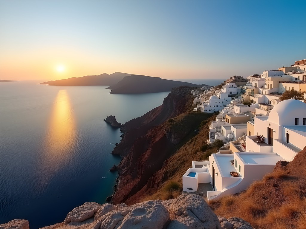 Panoramic view of Santorini caldera from Skaros Rock at sunrise