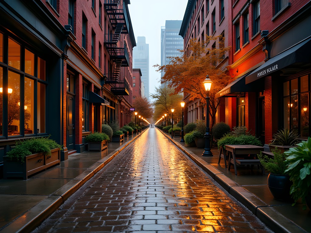 Historic Pioneer Square buildings reflected in rain-slicked cobblestone streets