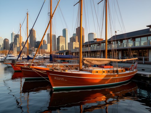 Traditional wooden boats with Seattle skyline background