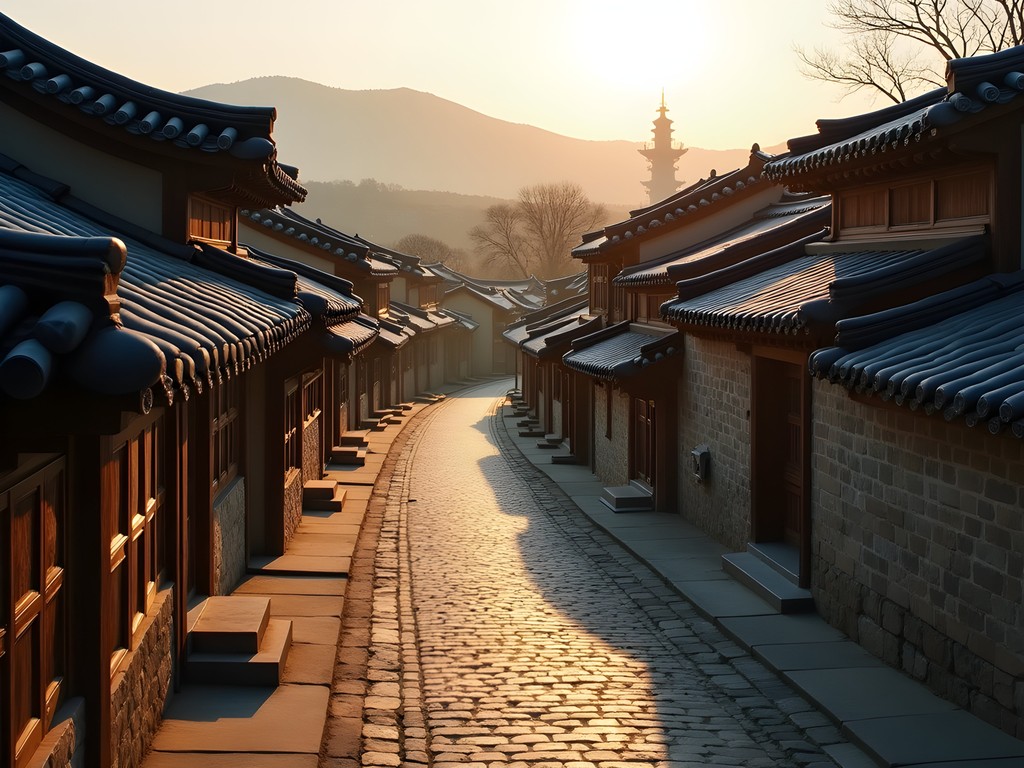 Traditional Korean hanok houses with tiled roofs in morning light with Seoul skyline in distance