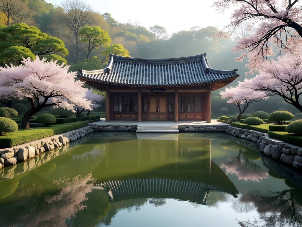 Traditional Korean pavilion reflected in pond with spring blossoms at Secret Garden of Changdeokgung Palace