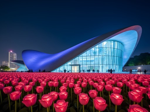 Futuristic curved architecture of Dongdaemun Design Plaza illuminated at night with LED rose garden