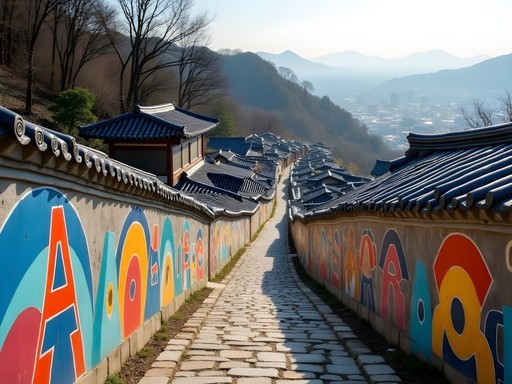 Colorful street art murals on hillside buildings in Ihwa Mural Village with Seoul cityscape in background