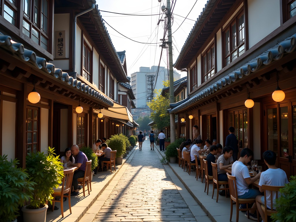 Traditional Korean hanok buildings housing modern cafes and shops in narrow alleyway of Ikseon-dong