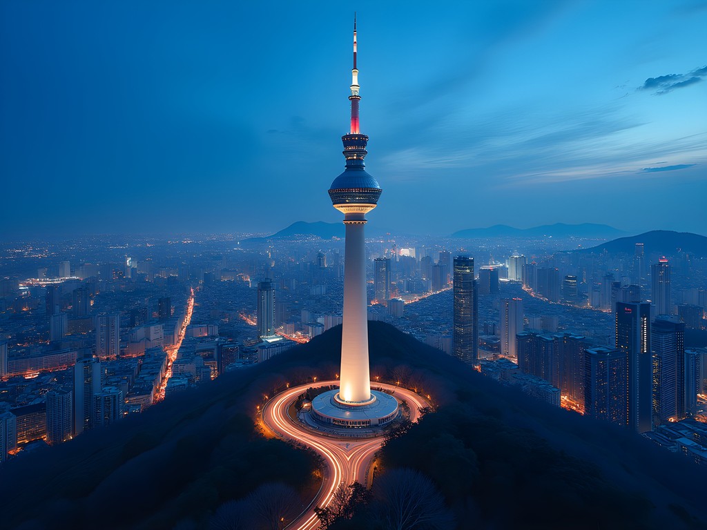 Seoul Tower illuminated during blue hour with vast cityscape of Seoul spreading below