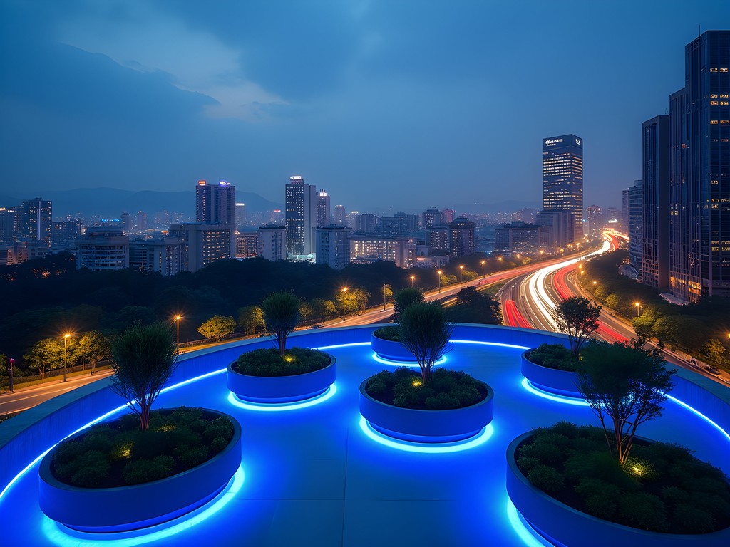 Illuminated Seoullo 7017 elevated park with plants and Seoul cityscape at blue hour