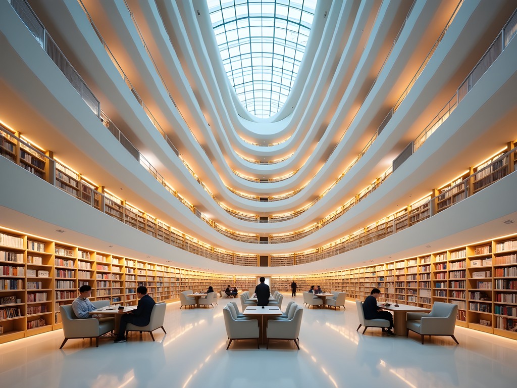 Curved towering bookshelves of Starfield Library with readers providing scale