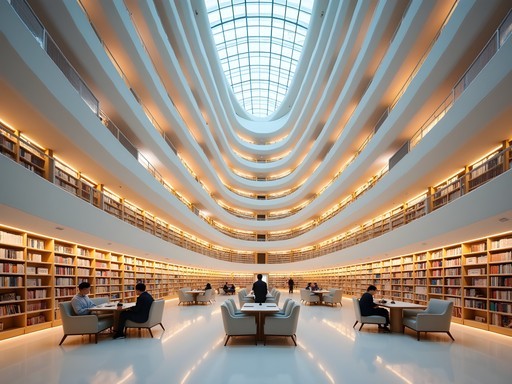 Curved towering bookshelves of Starfield Library with readers providing scale