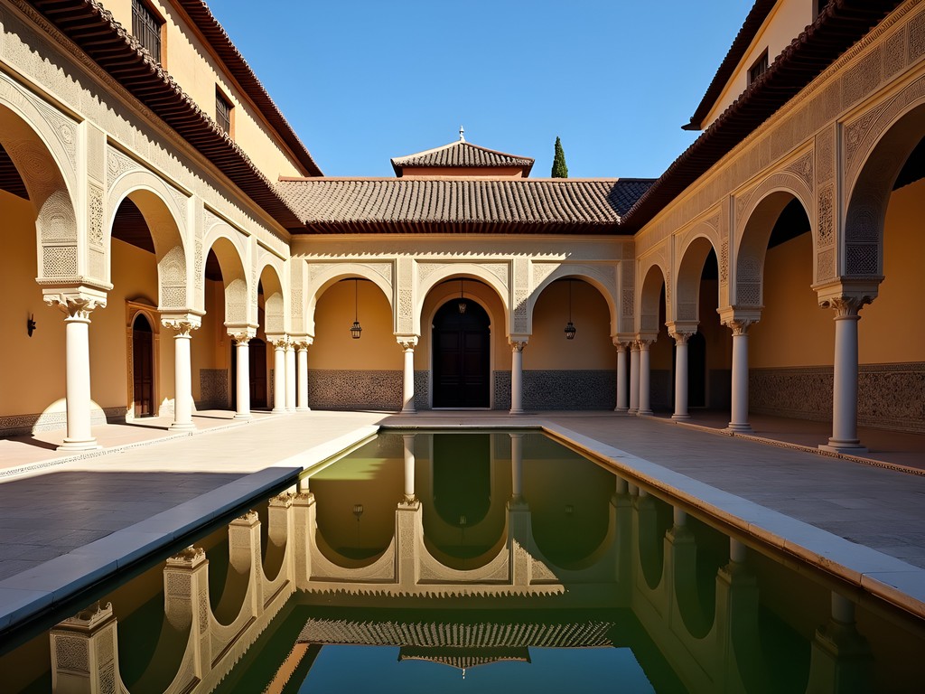 Reflections in the courtyard pool at Real Alcázar in Seville