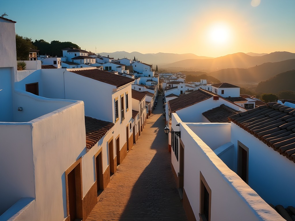 Sunrise illuminating white buildings in Carmona with dramatic shadows