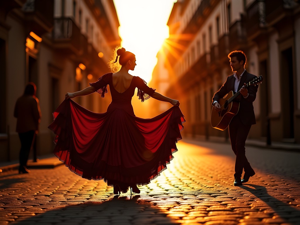 Silhouette of flamenco dancers performing in a small Seville plaza at sunset